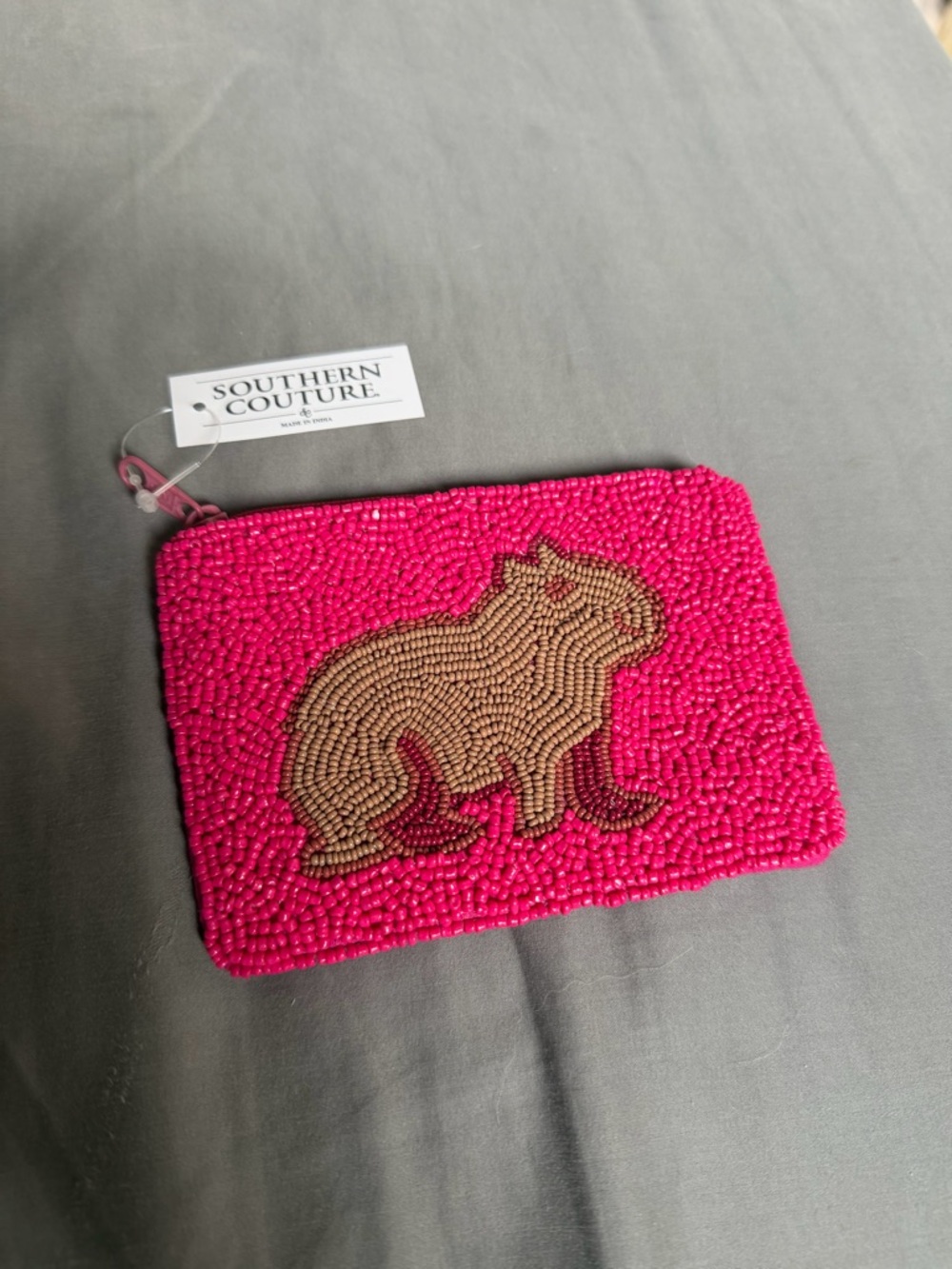 Southern Couture Beaded Pink Wristlet with Tan Capybara